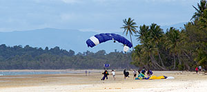 Tandem skydiving landing on Mission Beach.
